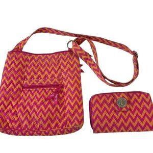 Vera Bradley Matched Set Zigzag Quilted Crossbody Bag Wallet Set Pink/Orange